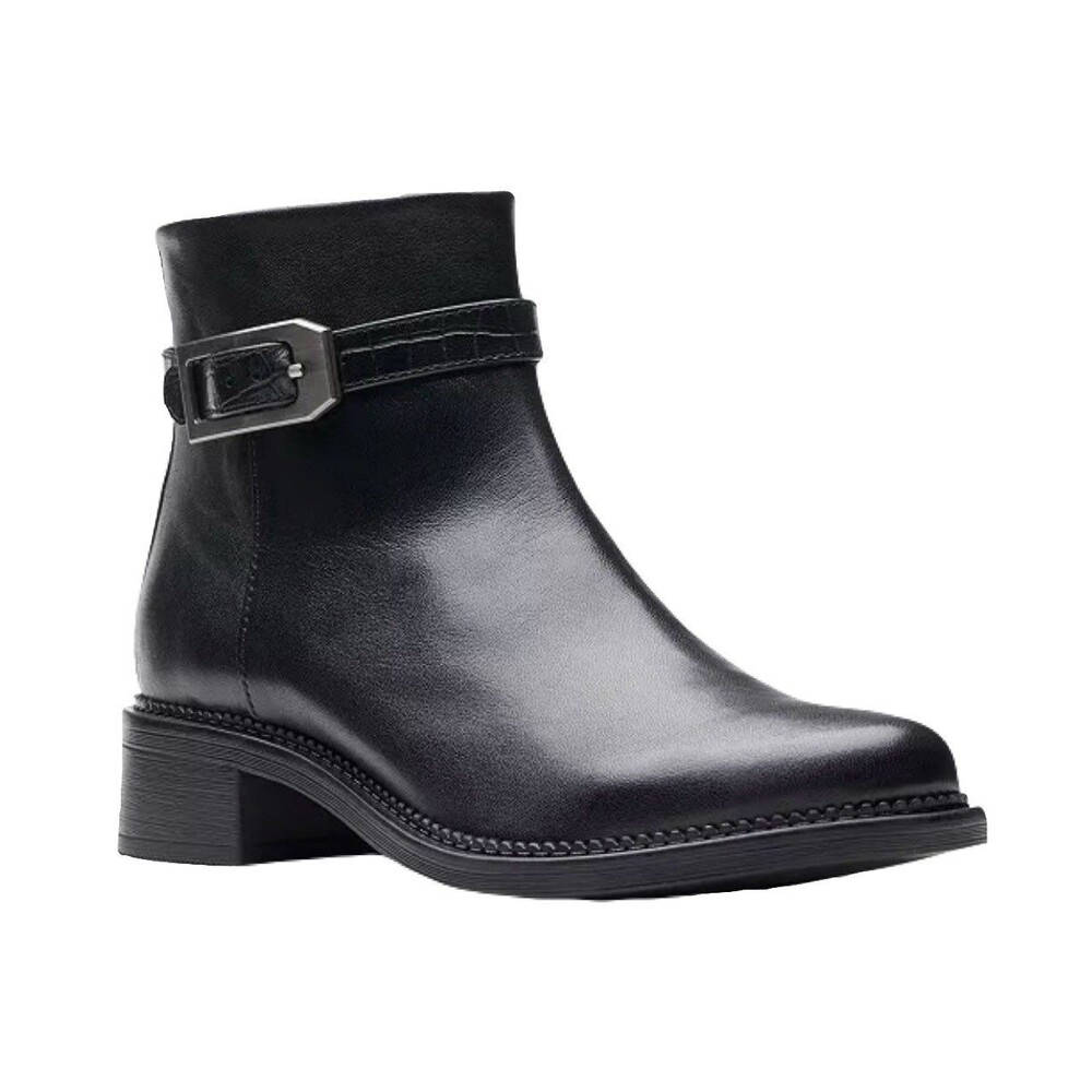 NEW Clarks Womens Size 7 WIDE Maye Grace Black Leather Buckle Ankle Bootie 7W